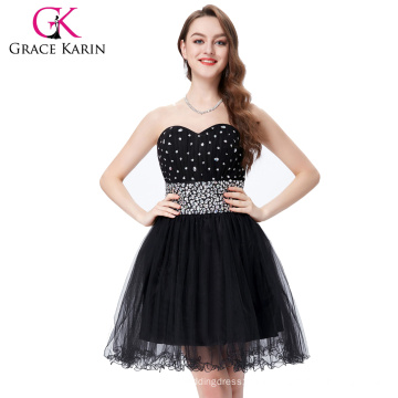 Grace Karin Sexy schwarze kurze Cocktailkleider Damen Schatz Perlen Cocktailkleid CL6160